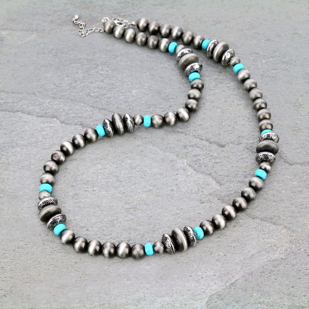 Navajo Style Turquoise Bead Single Strand Necklace - Silver