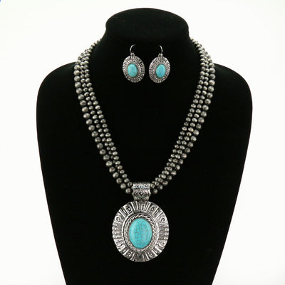 Iverness 3 Strand Fashion Necklace With Stamped Concho Pendant & Earrings