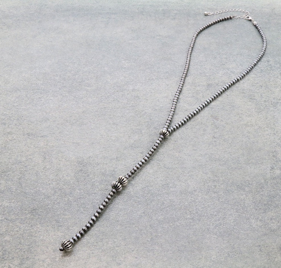 Evie Fashion Silver Stamped Bead Y Necklace