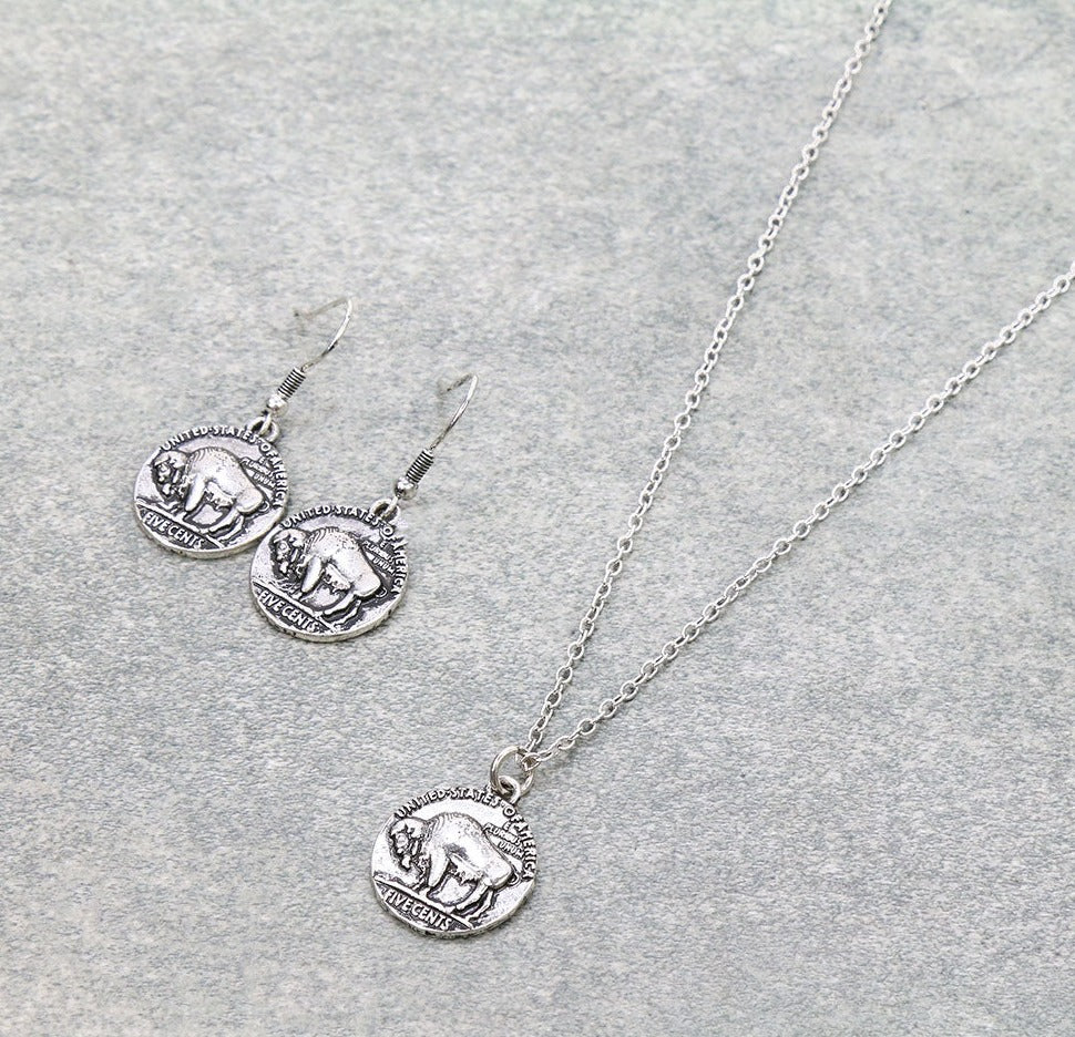 Western Buffalo Coin Necklace & Earrings