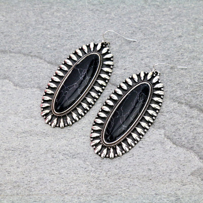 Bashful Fashion Silver Framed Oval Fish Hook Earrings - Black