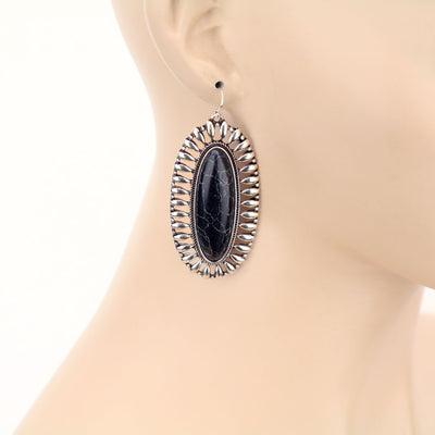 Bashful Fashion Silver Framed Oval Fish Hook Earrings - Black