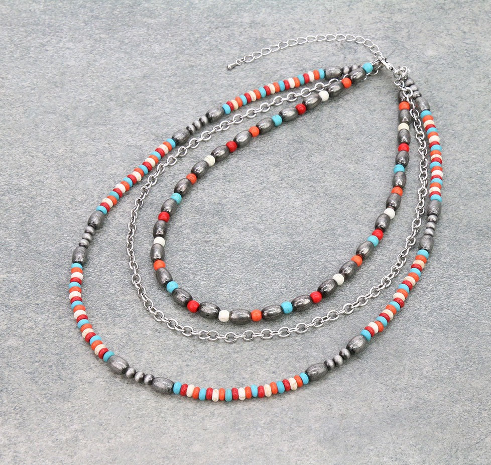 Atlas Navajo cylinder, Chain & Seed Bead Layered 3 Strand Necklace