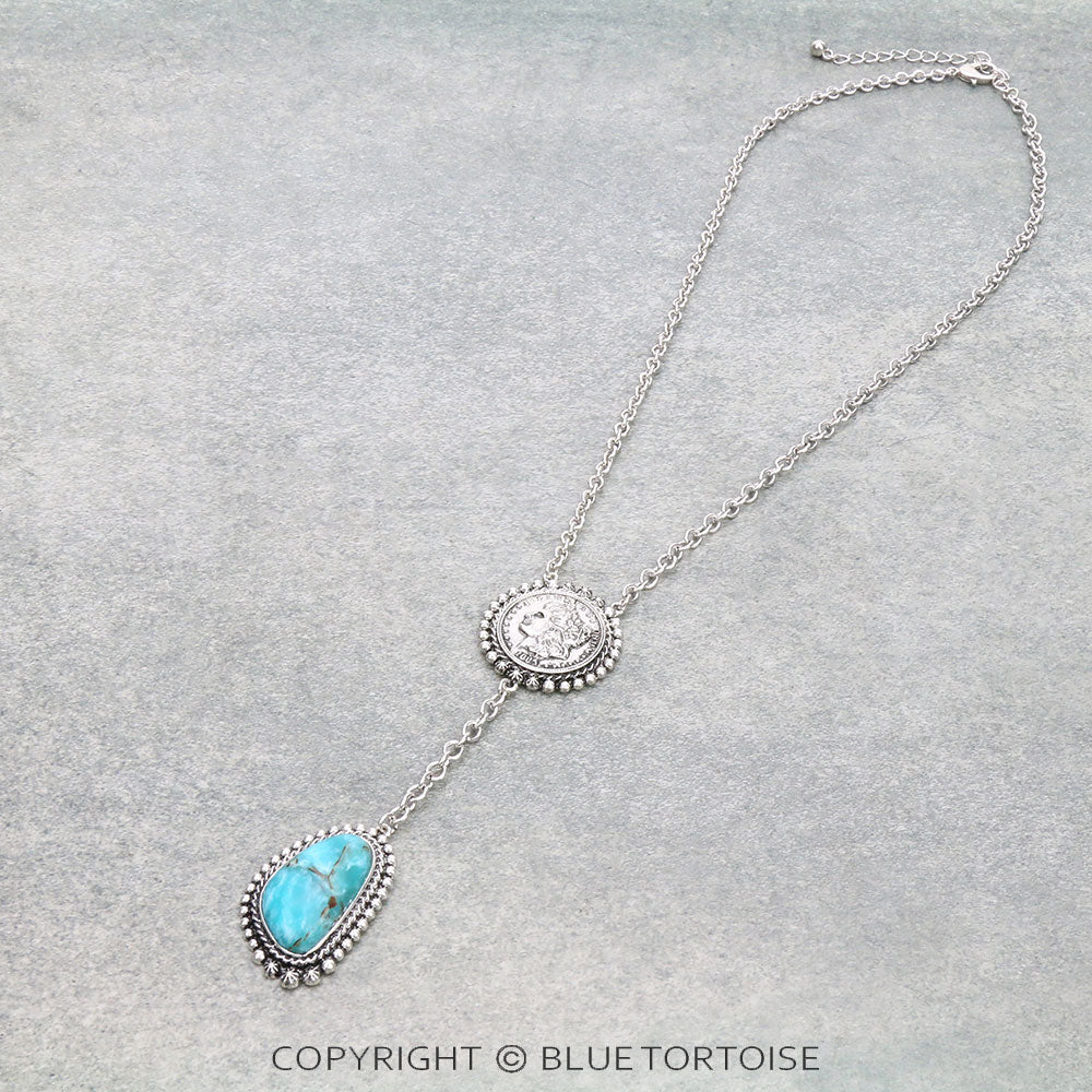 Western Semi Stone & Coin Y Lariat Necklace