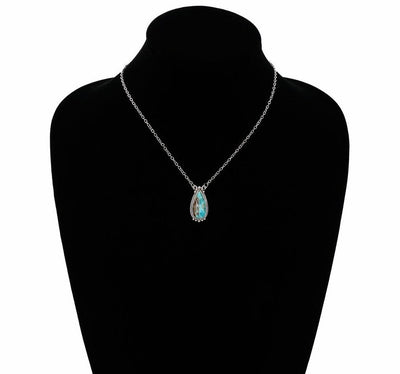 Fashion Silver Chain with Single Stone Teardrop Pendant - Turquoise