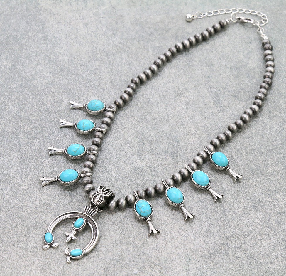 Copperl Fashion Silver Navajo Squash Blossom With 3 Stone Naja - Turquoise