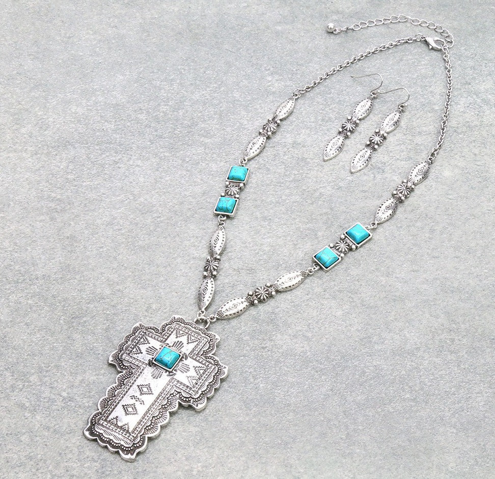 Delora Fashion Stamped Silver Cross Necklace & Earrings