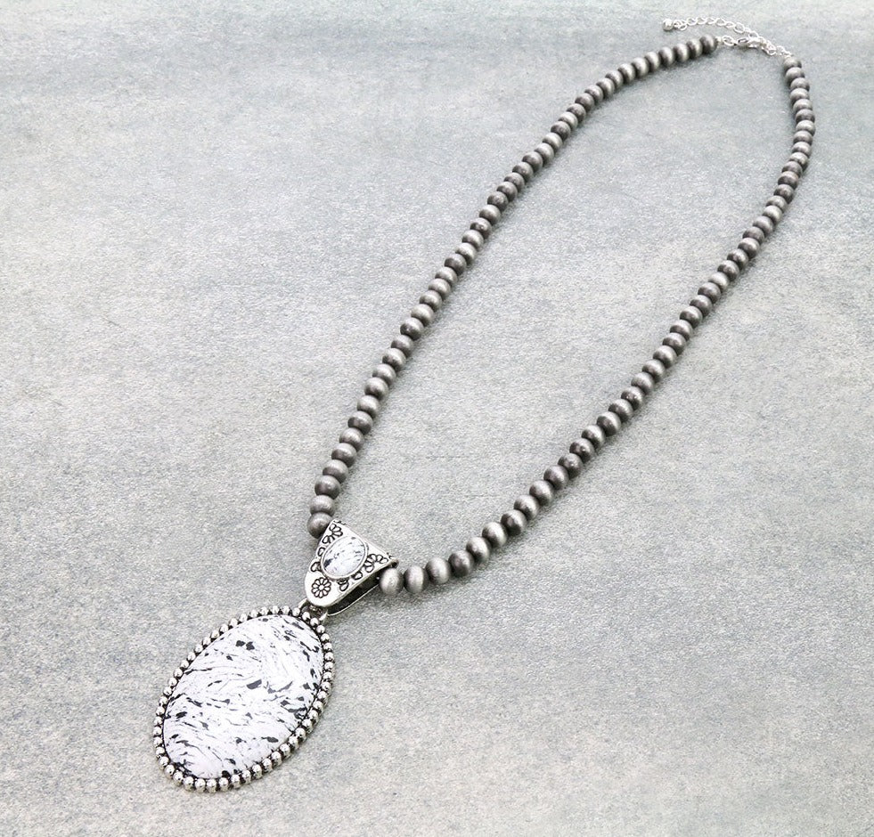 Jordan Fashion Navajo Necklace With Western Stone Oval Pendant - 27"