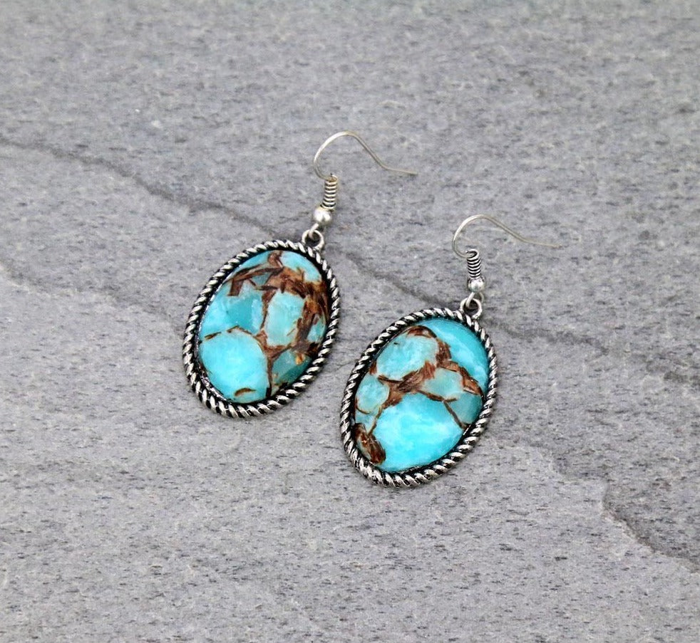 Roped Oval Stone Fishhook Earrings - Turquoise