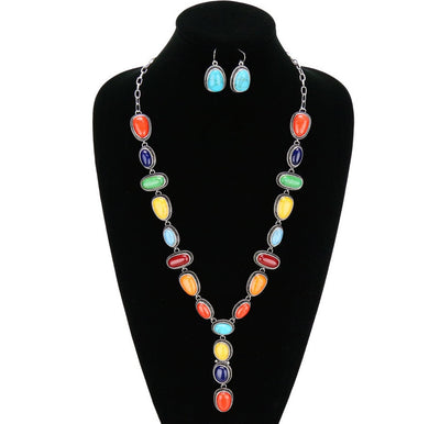 Fashion Multi Stone Lariat Necklace & Earrings