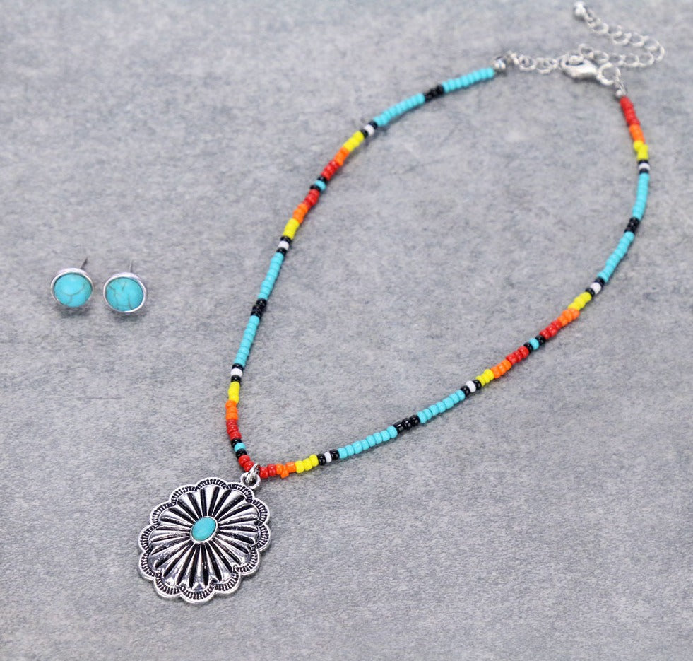 Hoover Seed Bead Choker With Stone Concho Pendant