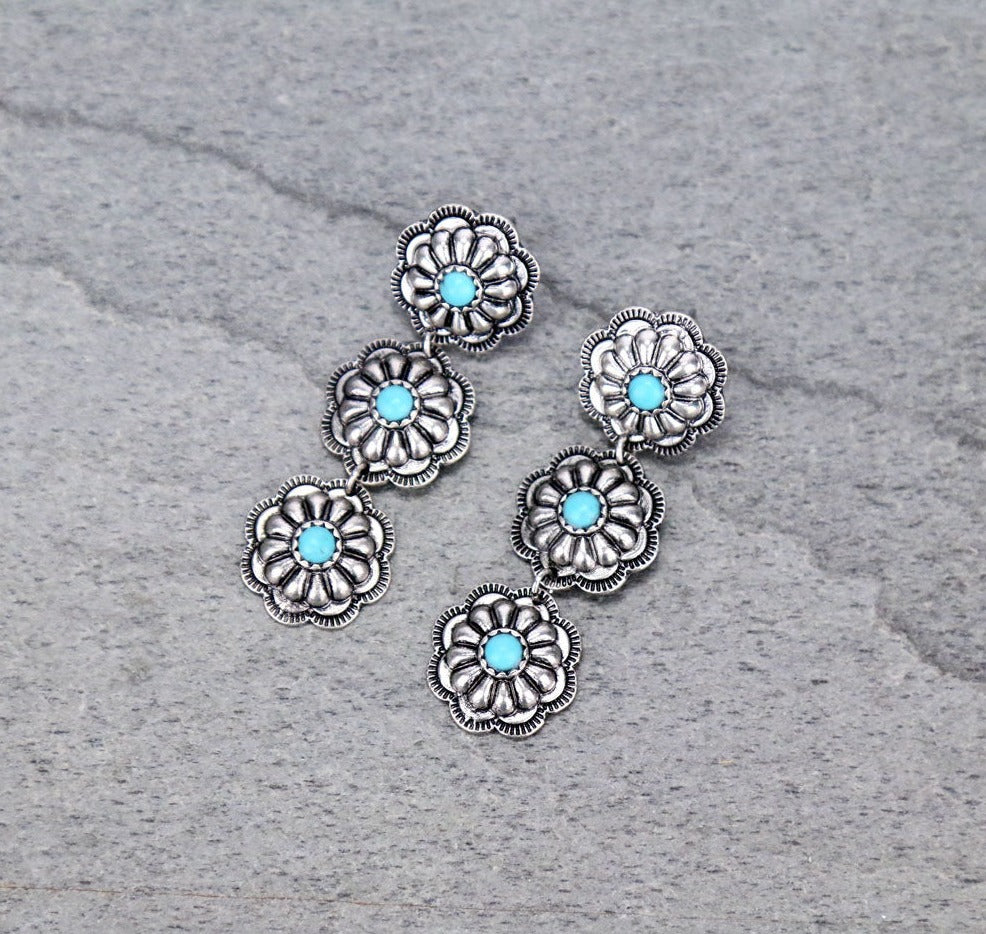 Vega Triple Flower Concho Post Earrings - Turquoise