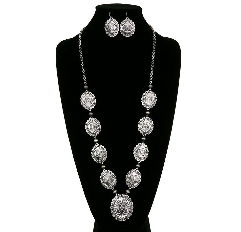 Hoover Fashion Concho Y Necklace & Earrings - Silver