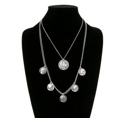 Double Strand Indian Coin Fashion Necklace - Silver