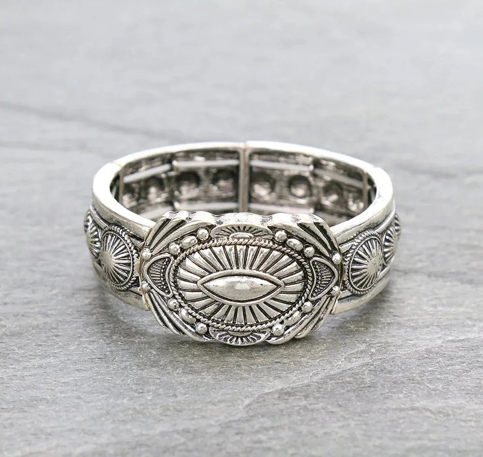 Cross Plains Fashion Silver Concho Stretch Bracelet