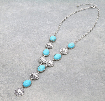 Fashion Buffalo Coin with Turquoise Lariat Necklace