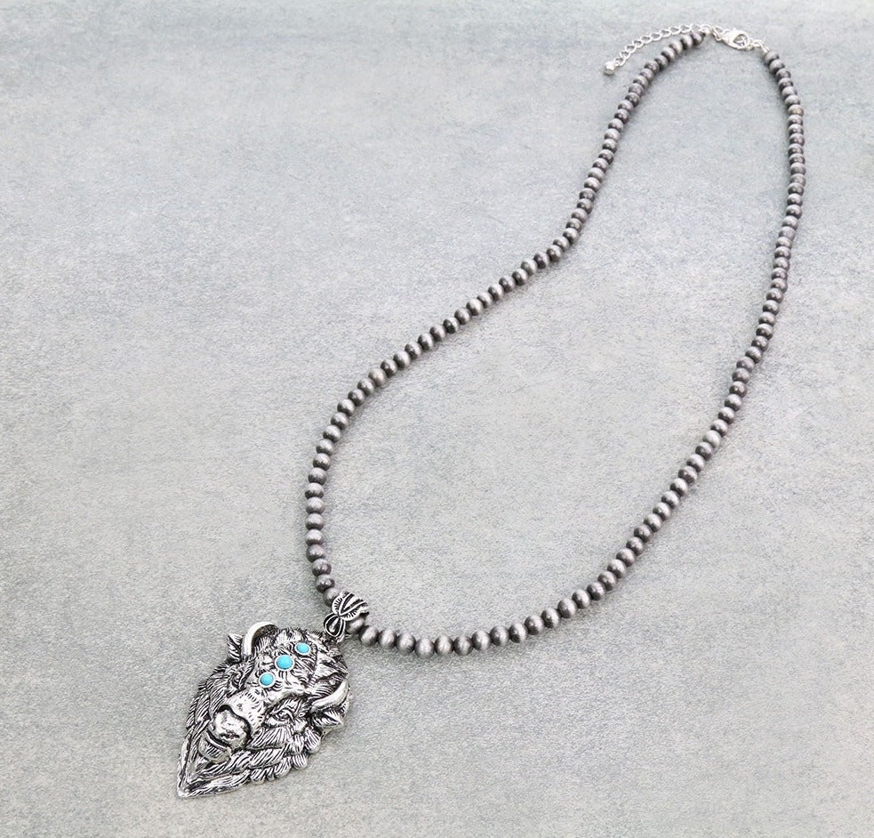Lavina Fashion Navajo Necklace With Buffalo Head Pendant - Turquoise