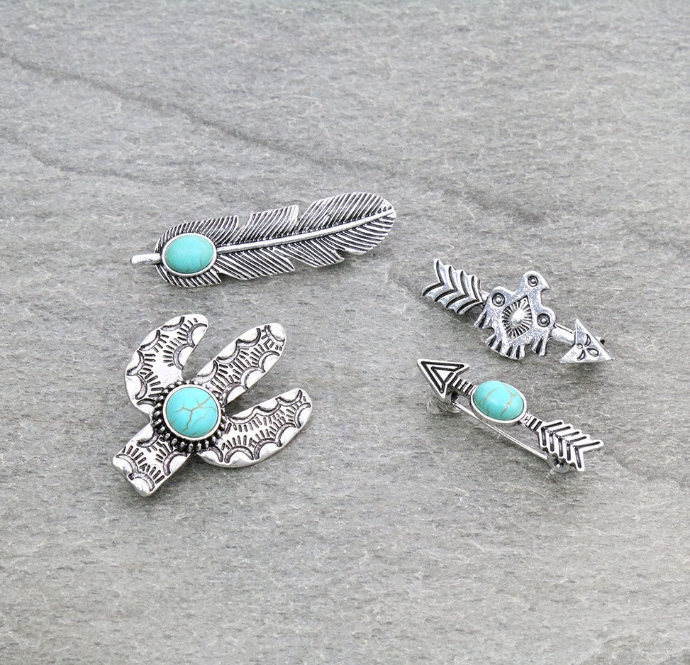 Cactus Arrow Thunderbird Fashion Silver Pin Set - Turquoise