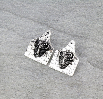 Geraldine Hammered Cow Tag Post Earrings - Silver