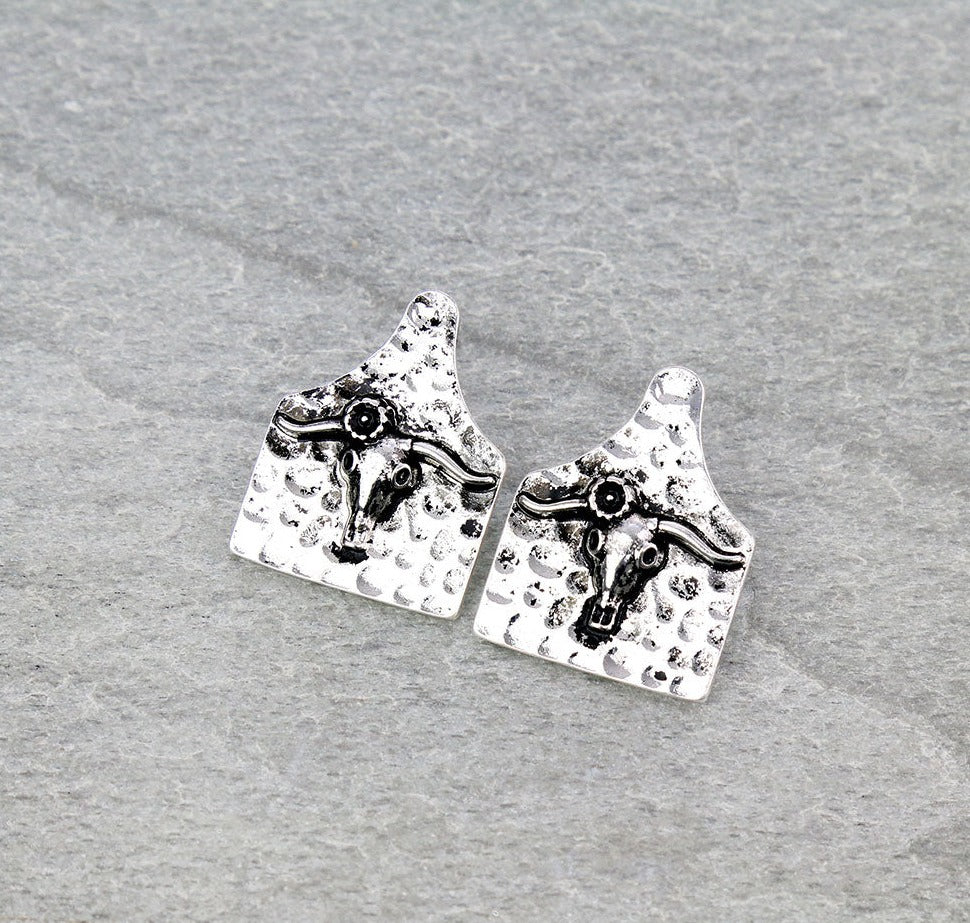 Geraldine Hammered Cow Tag Post Earrings - Silver