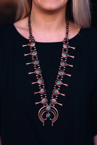 Accessorize In Style Fashion Necklaces Fashion Medallion Squash Blossom Necklace - Copper/Turquoise
