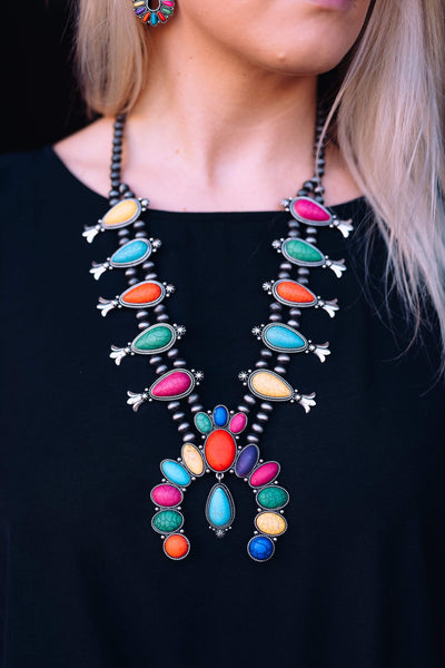 Accessorize In Style Fashion Necklaces Fashion Multi Colored Squash Blossom with Turquoise Drop