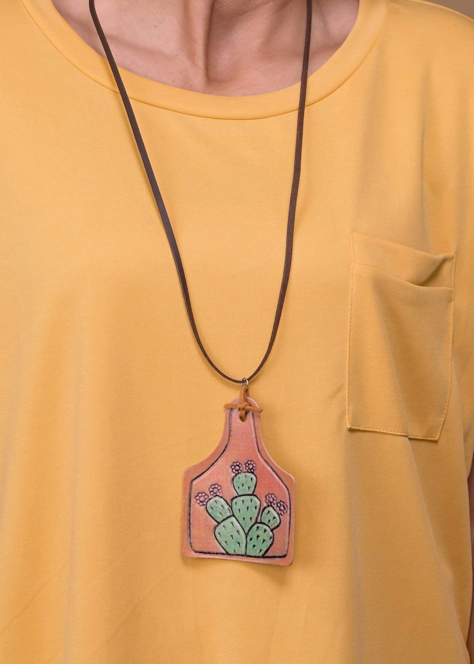 Leather Cow Ear Tag Necklace - Cactus