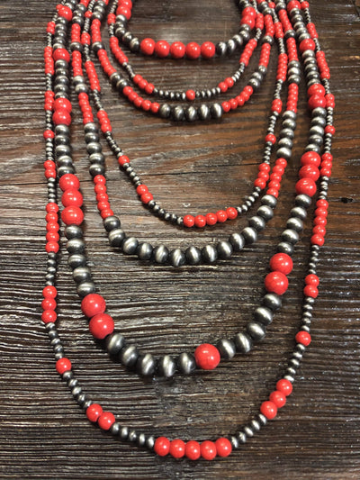 Accessorize In Style Fashion Necklaces Navajo Pearl 7 Strand Graduated Fashion Necklace - Silver/Red
