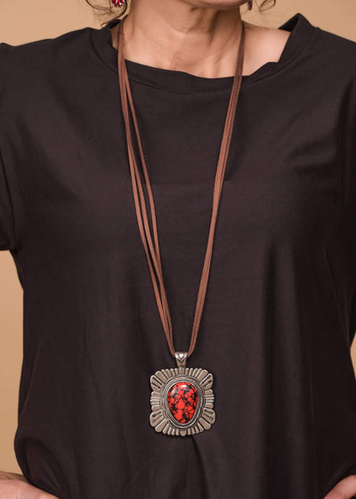 Accessorize In Style Fashion Necklaces Red Fashion Leather Strand Necklace With Aztec Stone Pendant