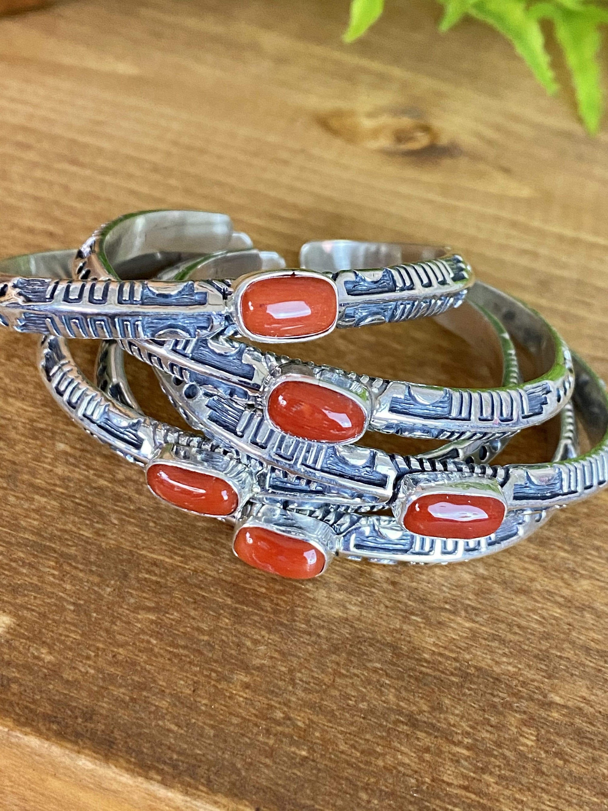 Accessorize In Style Sterling Bracelets Brenda Slim Oval Red Coral Cuff