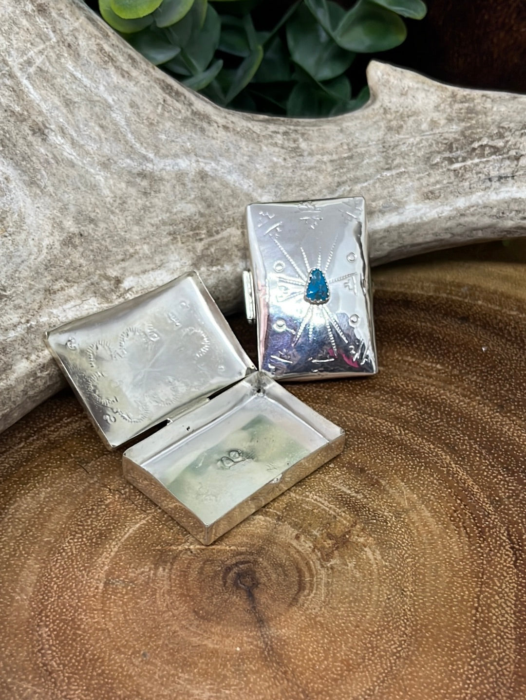Elaine Stamped Sterling Pill Box With Turquoise Center Accent