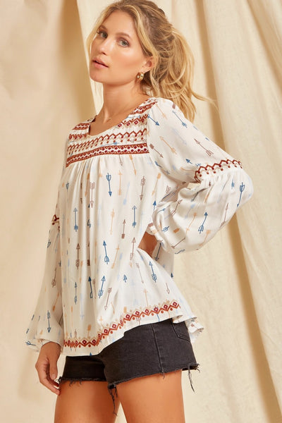 Embroidered Arrow Bubble Sleeve Blouse