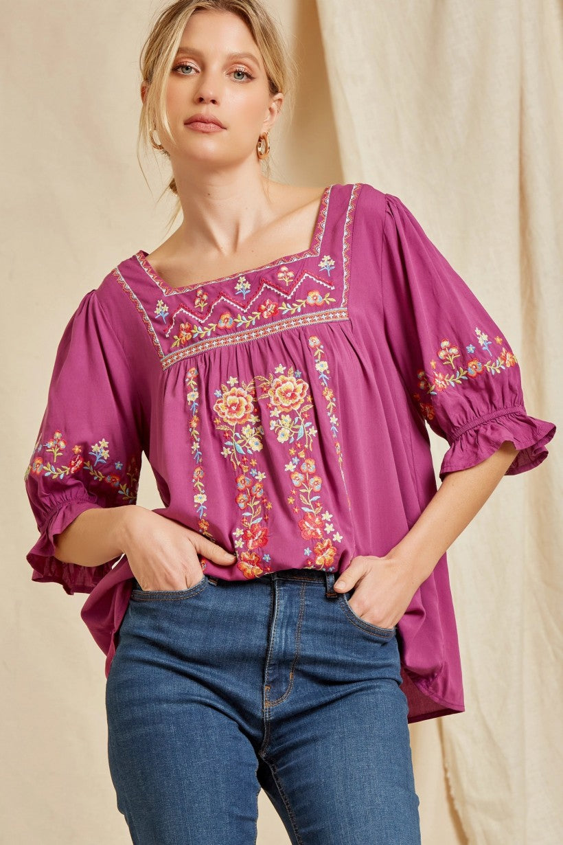 Half Sleeve Embroidered Square Neck Top
