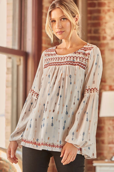 Embroidered Arrow Bubble Sleeve Blouse