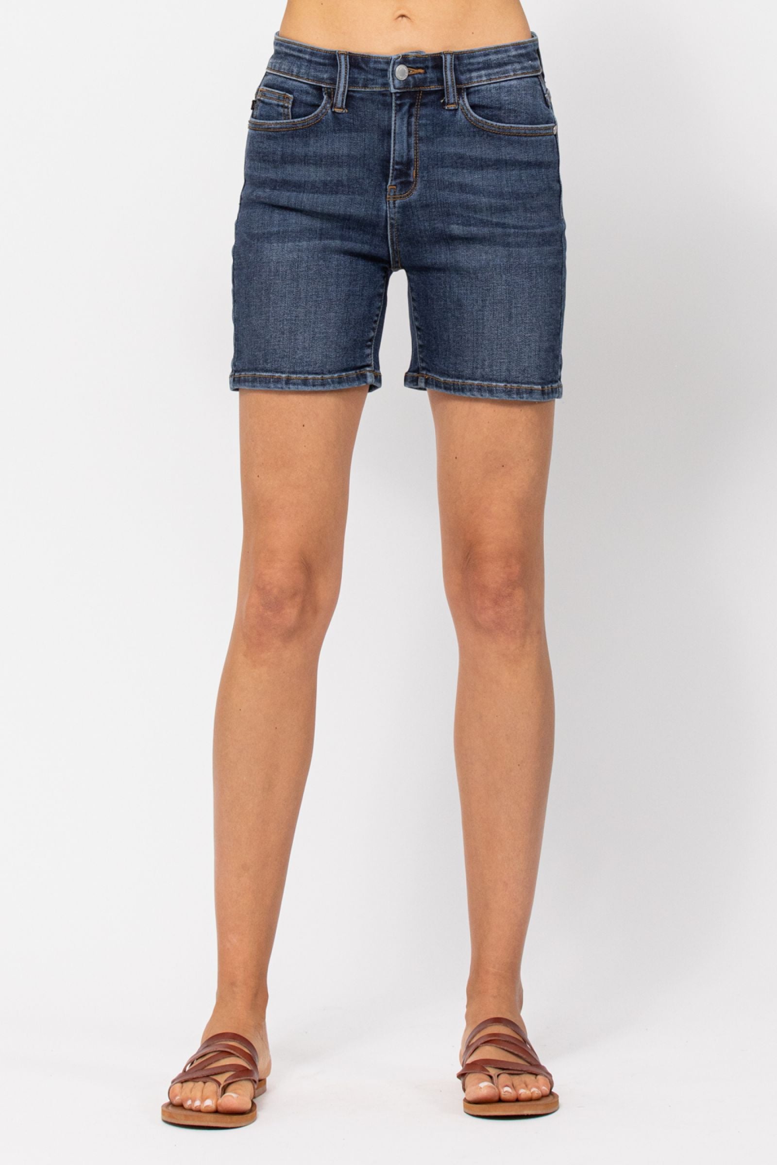 Hi Rise Mid Length Shorts Dark Wash