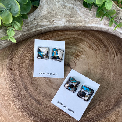 Luna Sterling Turquoise White Buffalo Mix Square Earrings