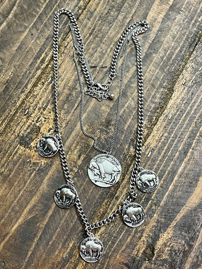 Double Strand Buffalo Coin Fashion Necklace - Silver