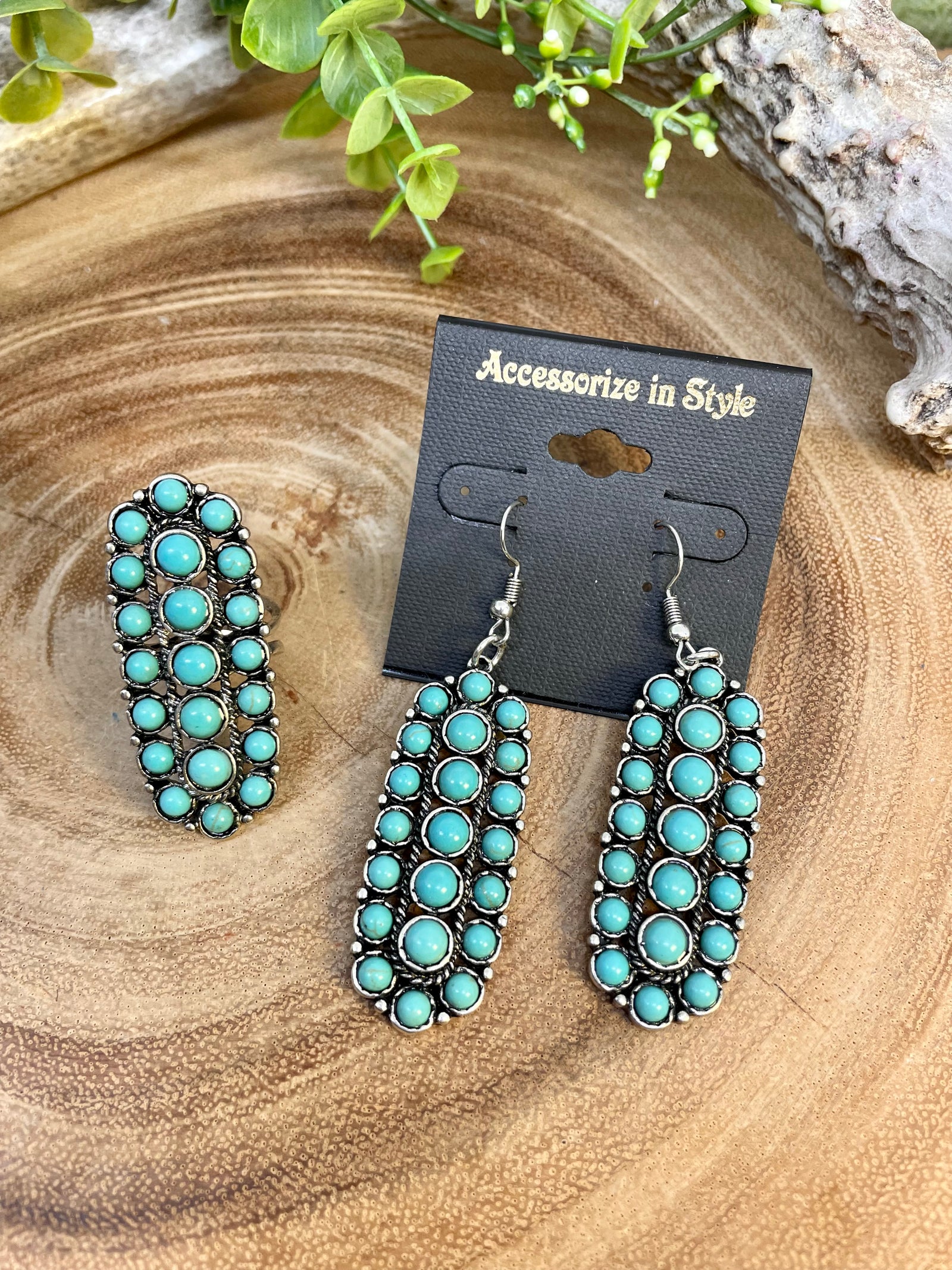 Collins Fashion Turquoise Cluster Earrings & Ring