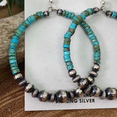 Presley Turquoise, Varied Navajo & Stamped Bead Hoop Earrings
