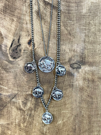 Double Strand Buffalo Coin Fashion Necklace - Silver