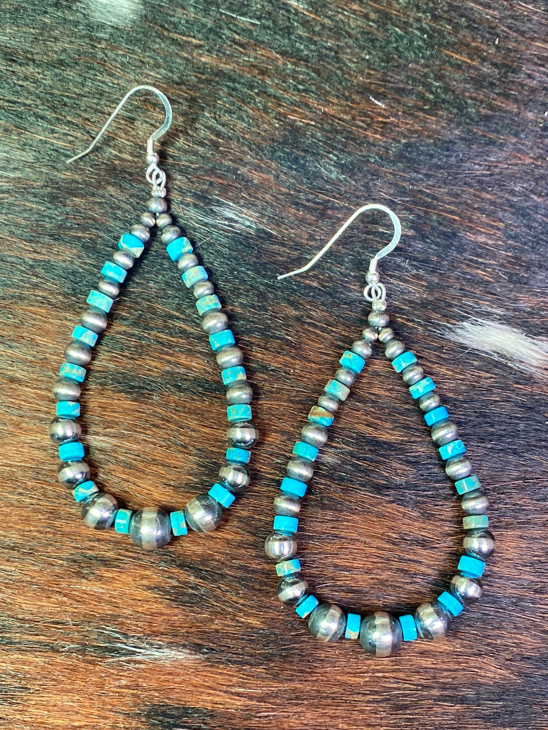 Maya Varied Navajo Fish Hook Earrings With Turquoise - 3.5"
