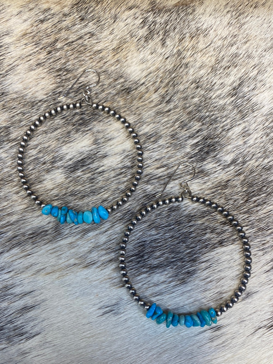 Blossom Sterling 3mm Navajo Hoop Earrings With Tumbled Turquoise - 2"
