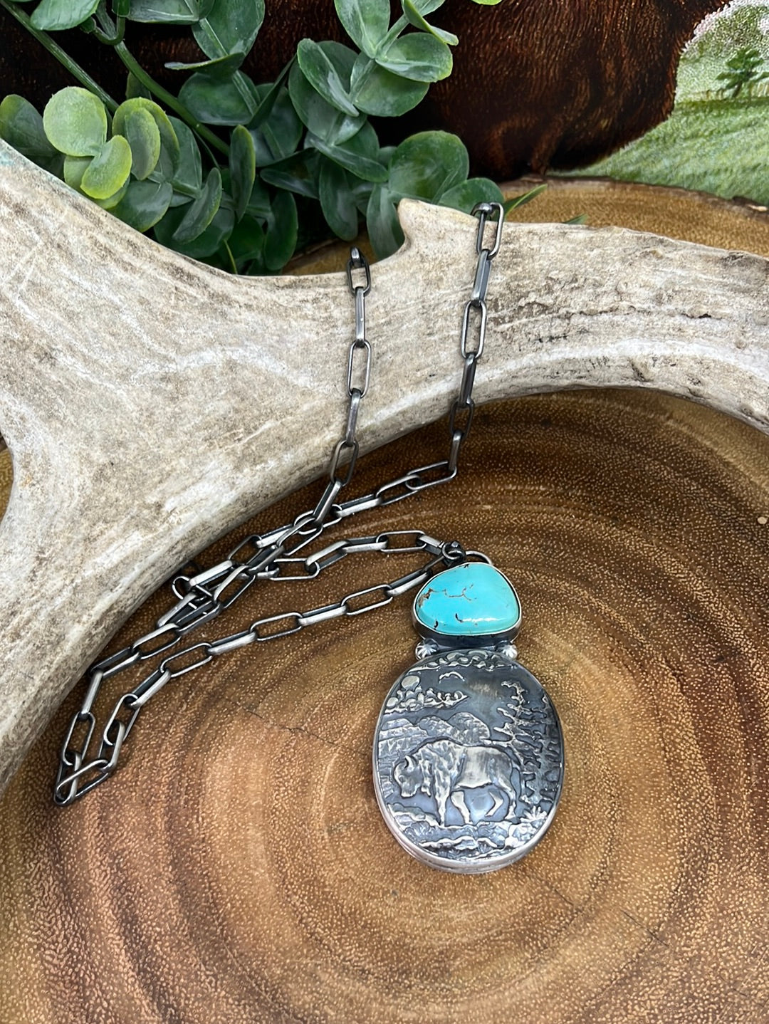Childress Sterling Paperclip Chain Necklace with Turquoise Buffalo Pendant - 22"
