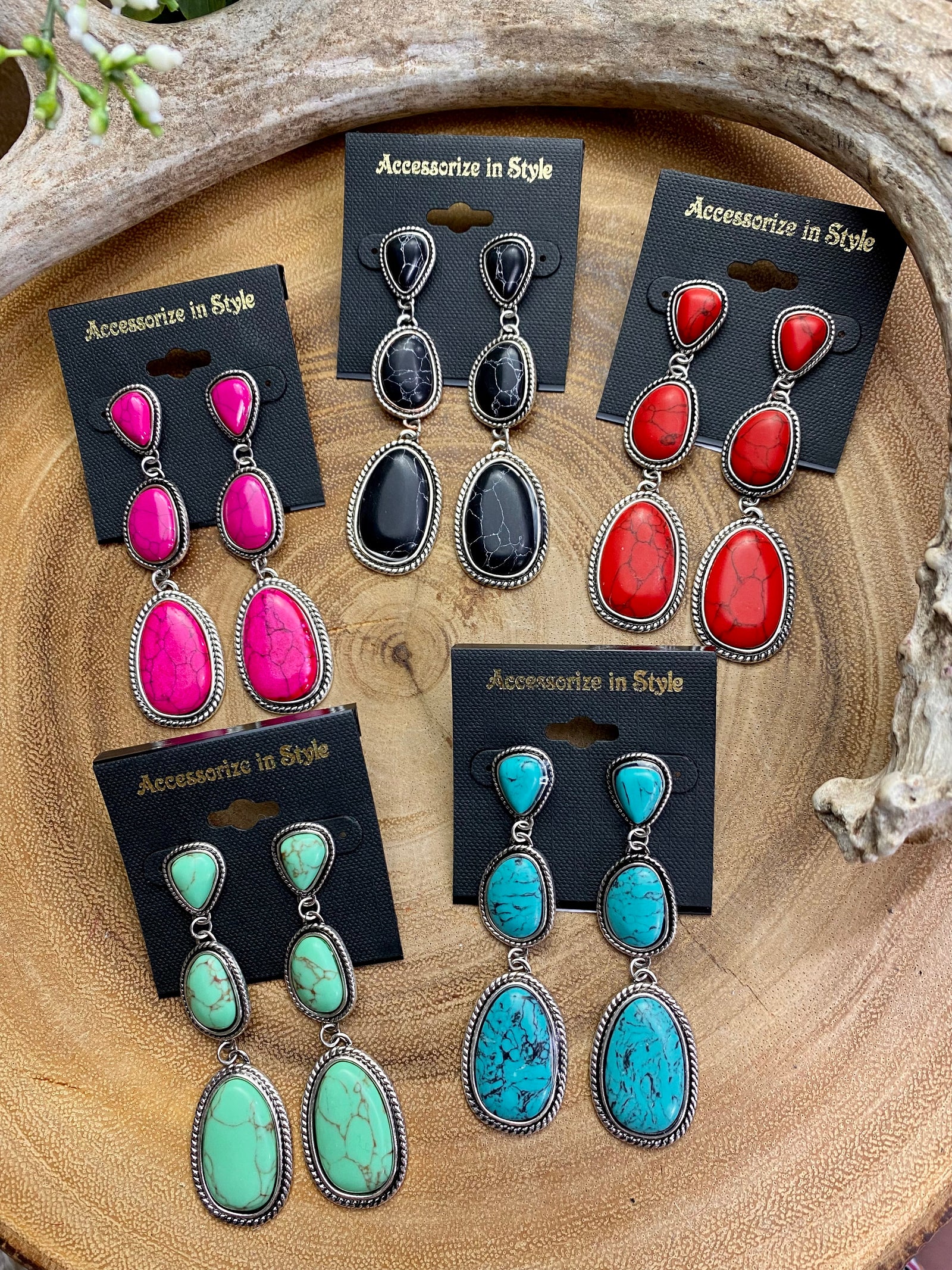 Stacie Triple Drop Stone Post Earrings