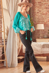 Embroidered Teal Tassel Tie Blouse