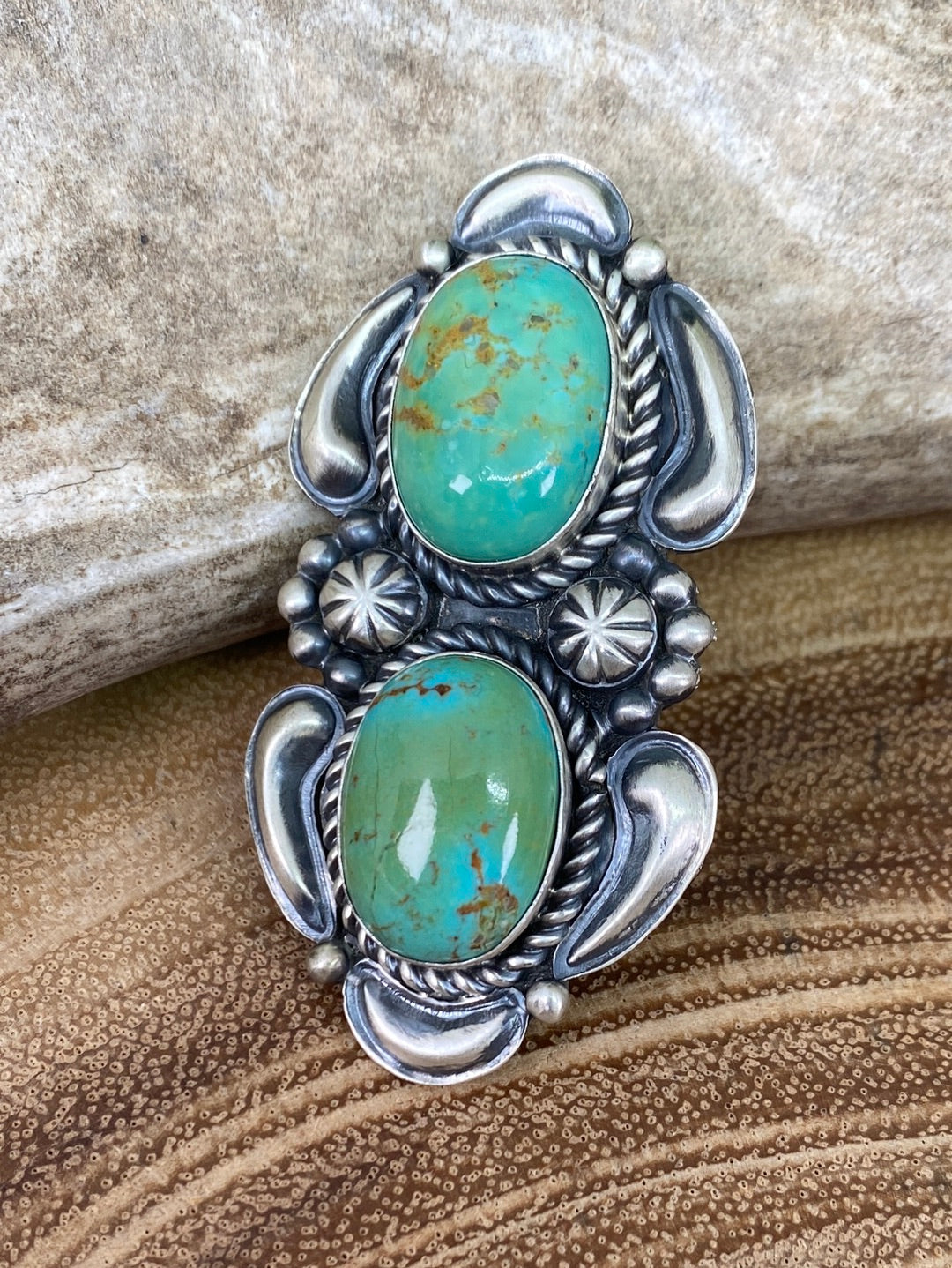 Double Stone Turquoise & Sterling Silver Ring Size 8