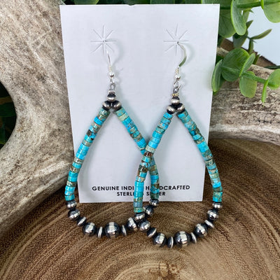 Izzy Turquoise Teardrop Earrings With Varied Navajo Beads & Saucers - 3.5"