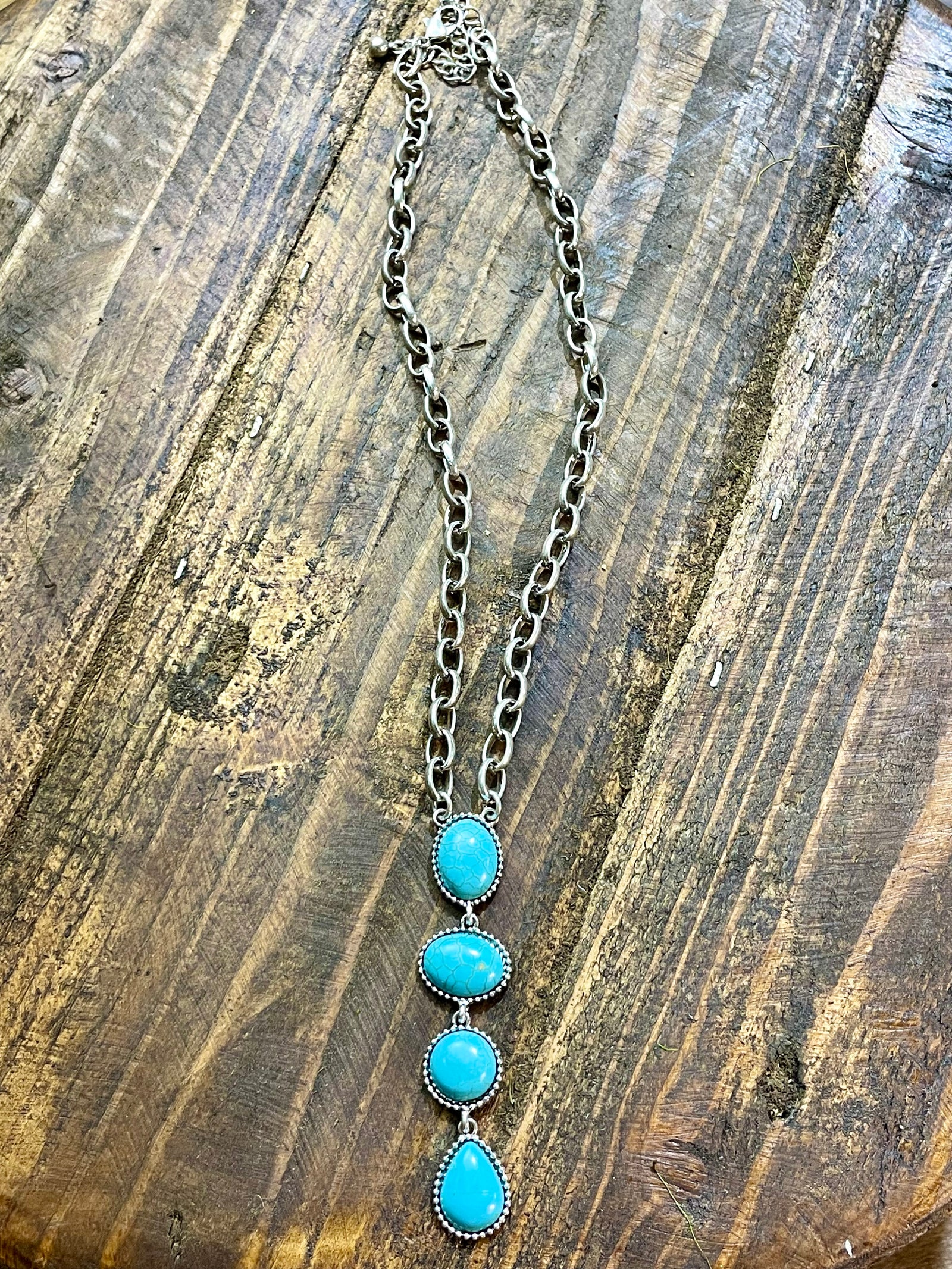 Billie Fashion Link Chain Necklace With 4 Stone Drop - Turquoise
