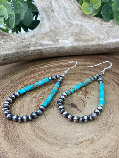 Fletcher Turquoise Cylinder Teardrop Earrings With Stamped & Varied Navajo Pearls - 3.5"