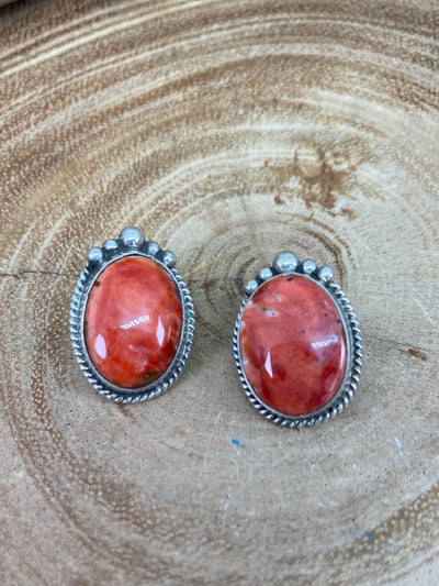 Red Spiny & Sterling Silver Clip Earrings